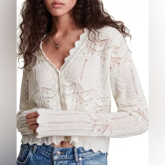 ALLSAINTS Vanessa Crochet Knit Cardigan Sweater Cream Large - Picture 1 of 14